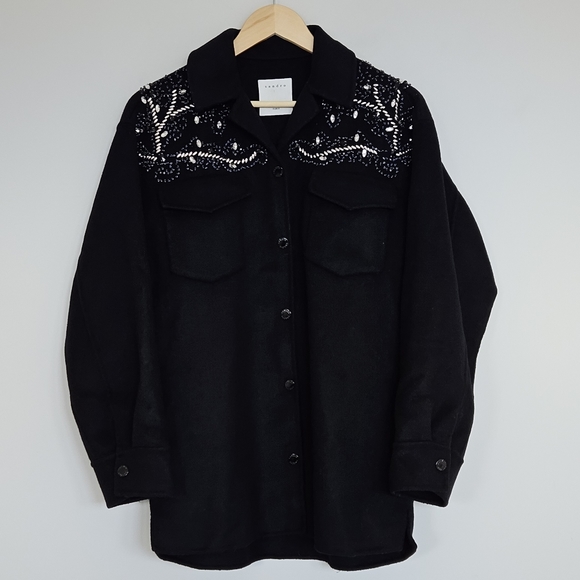 Sandro Versaille Embellished Sequined Wool Blend Black Jacket in Noir Small - Picture 15 of 16